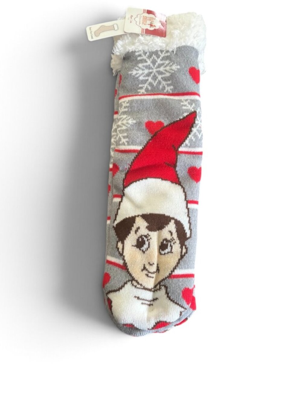 Girls Christmas Elf Cozy Slipper Socks Gray Red Sherpa Lined Holiday